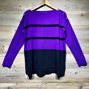 Lauren Ralph Lauren Boatneck Sweater Purple Black Striped Gold Buttons Size XL